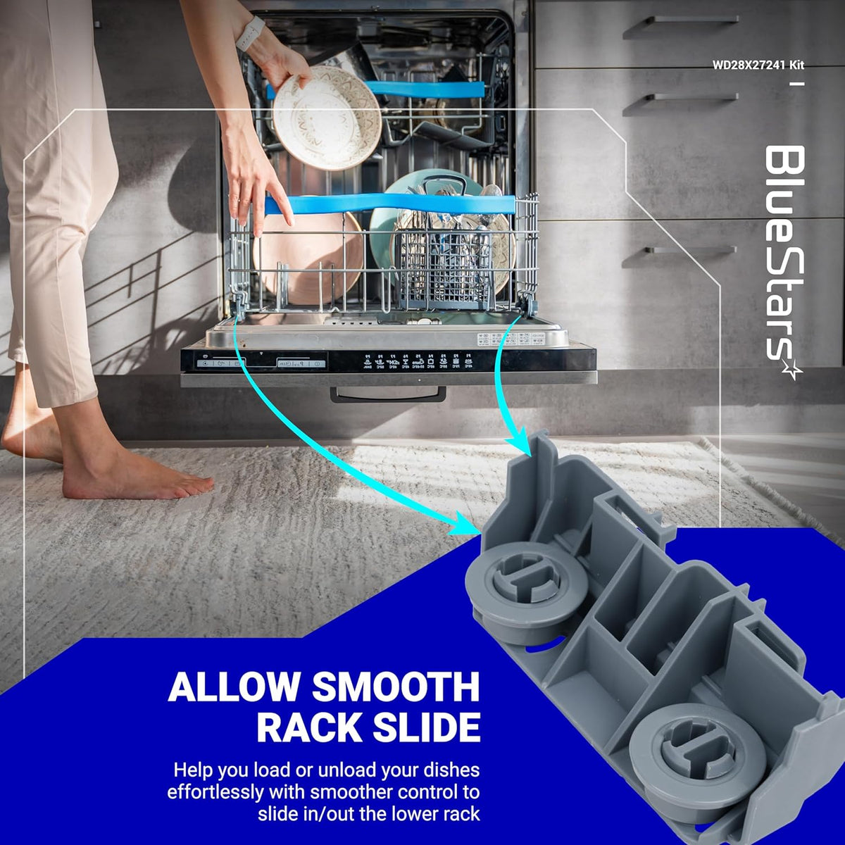 WD28X27241 dishwasher rack roller assembly showing installation location in a GE dishwasher lower rack.