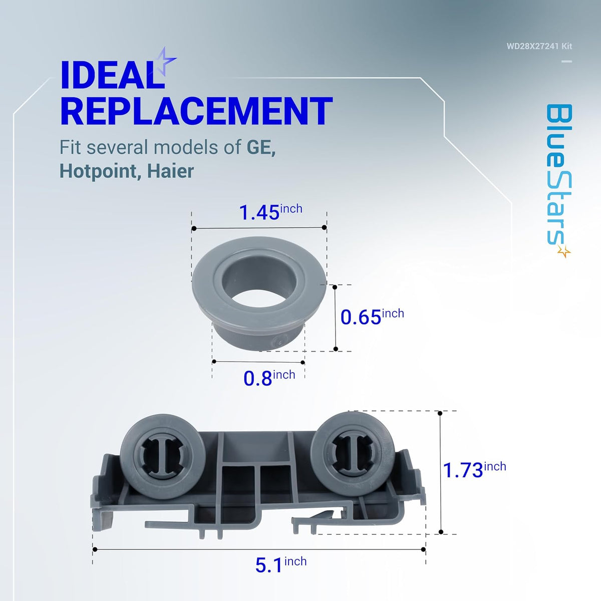 Dimensional diagram of WD28X27241 dishwasher rack carrier and roller kit for GE dishwashers showing component sizes.