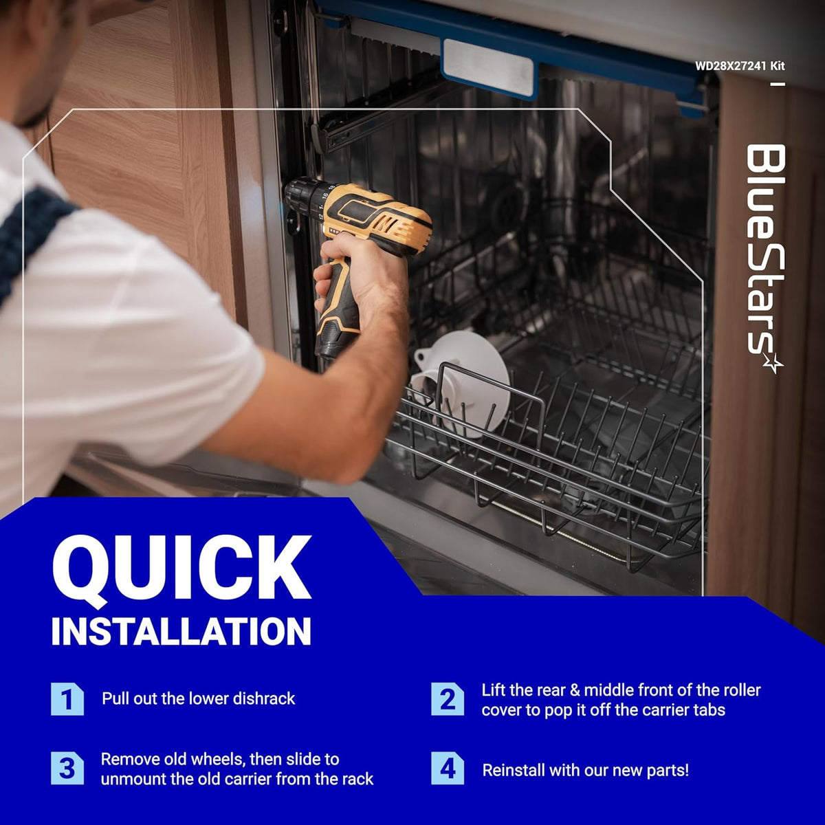 Installation guide for WD28X27241 dishwasher rack carrier and roller kit showing step-by-step repair instructions.
