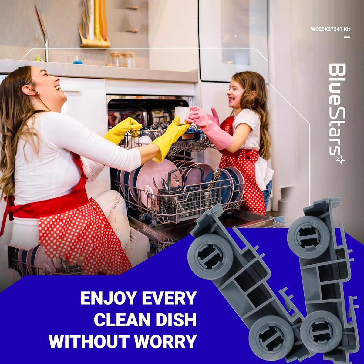 Two grey dishwasher rack carrier and roller replacement parts for GE dishwashers.