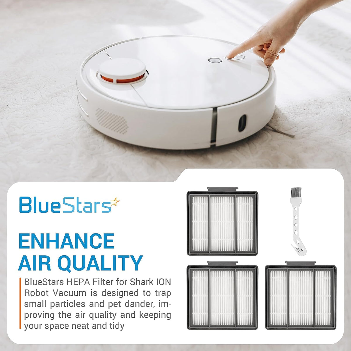 Three HEPA replacement filters and cleaning brush for Shark ION and IQ robot vacuums.