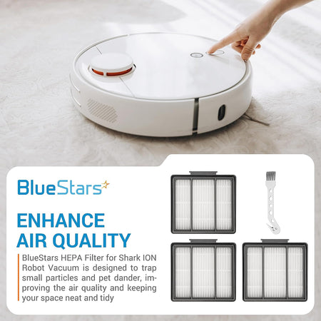 Three HEPA replacement filters and cleaning brush for Shark ION and IQ robot vacuums.