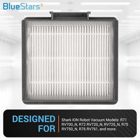 Single HEPA filter replacement for Shark ION robot vacuums with compatibility label.