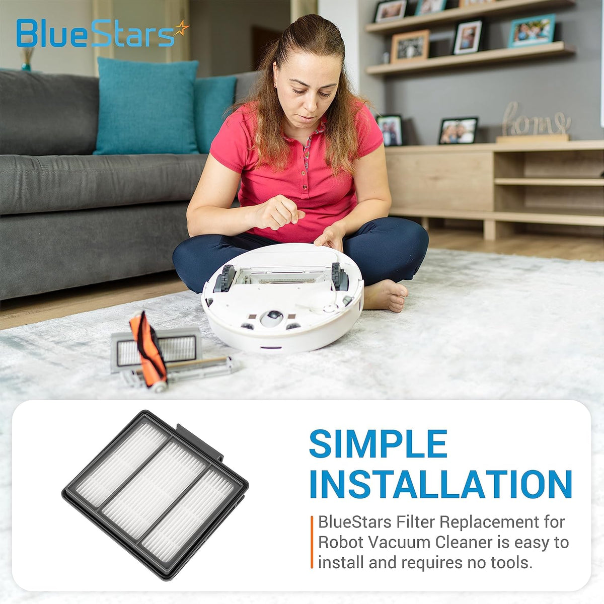 Woman installing a replacement HEPA filter into a Shark ION robot vacuum cleaner.