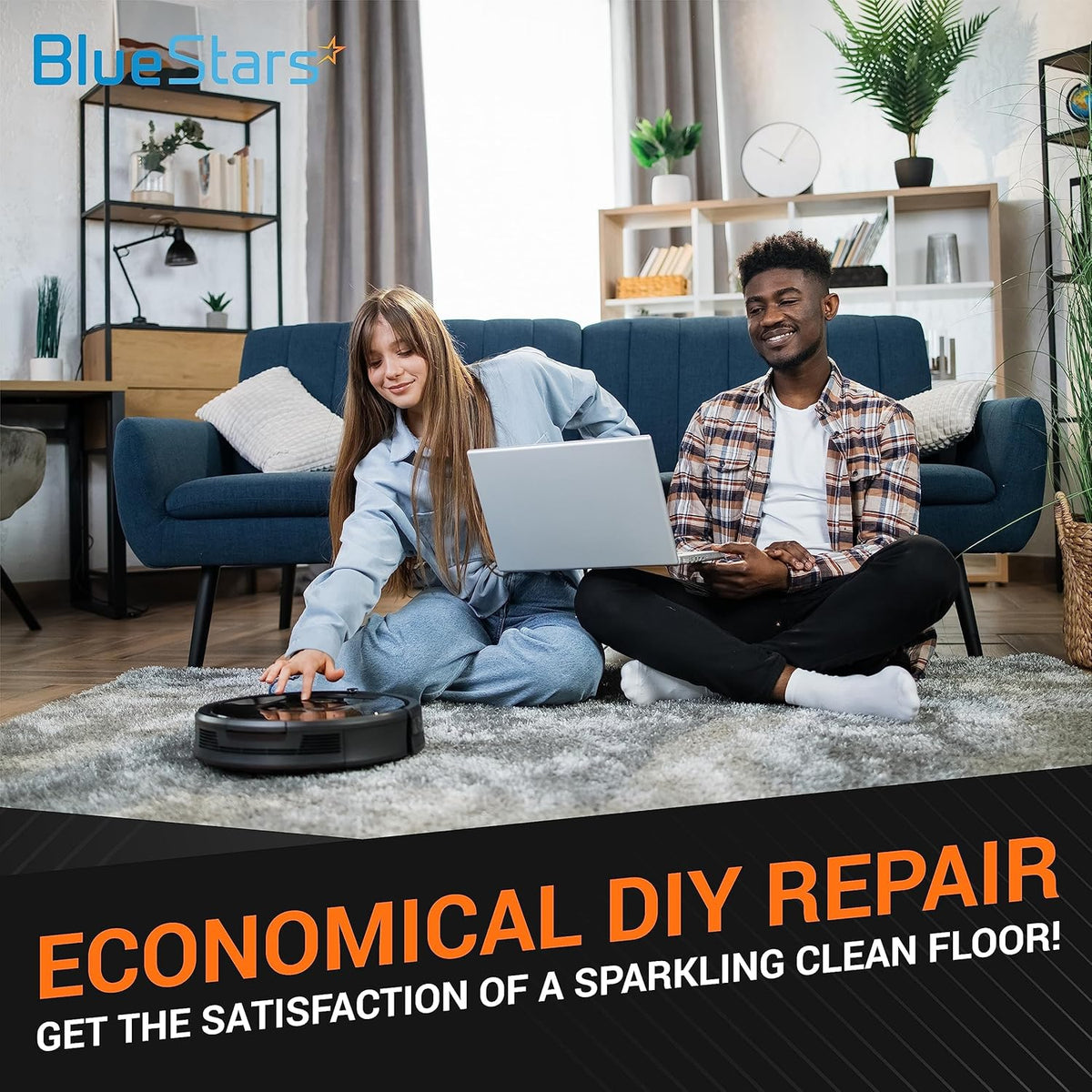 Couple using a Shark ION robot vacuum in a living room to promote DIY repair and maintenance.