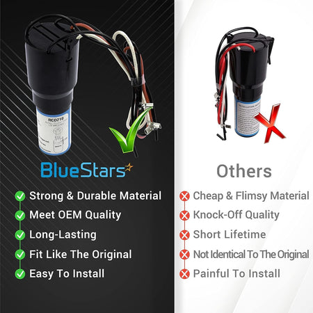 Comparison chart of BlueStars RCO210 3-in-1 hard start capacitor versus generic replacement parts.