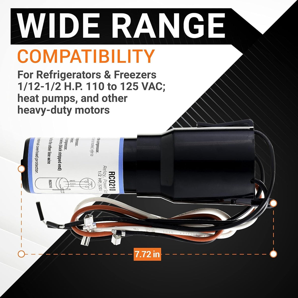 RCO210 3-in-1 hard start capacitor with wiring harness and compatibility information graphic.