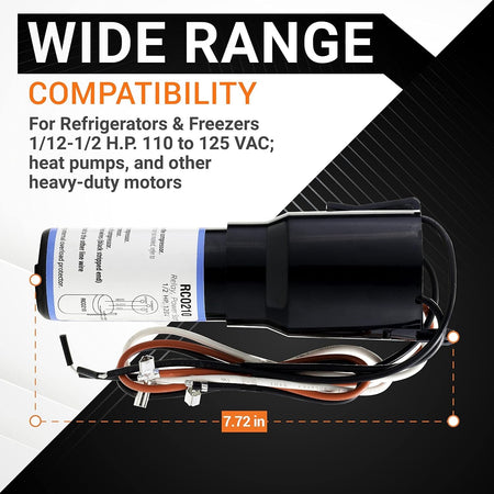 RCO210 3-in-1 hard start capacitor with wiring harness and compatibility information graphic.