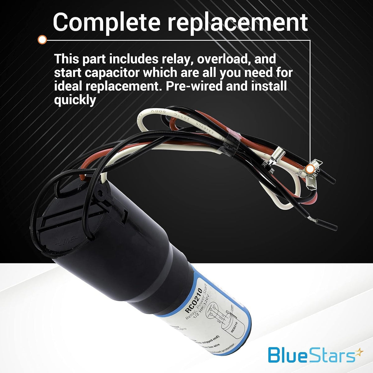 RCO210 3-in-1 hard start capacitor replacement with pre-wired relay, overload, and capacitor for 1/3-1/2 HP compressors.