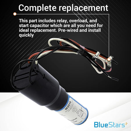 RCO210 3-in-1 hard start capacitor replacement with pre-wired relay, overload, and capacitor for 1/3-1/2 HP compressors.