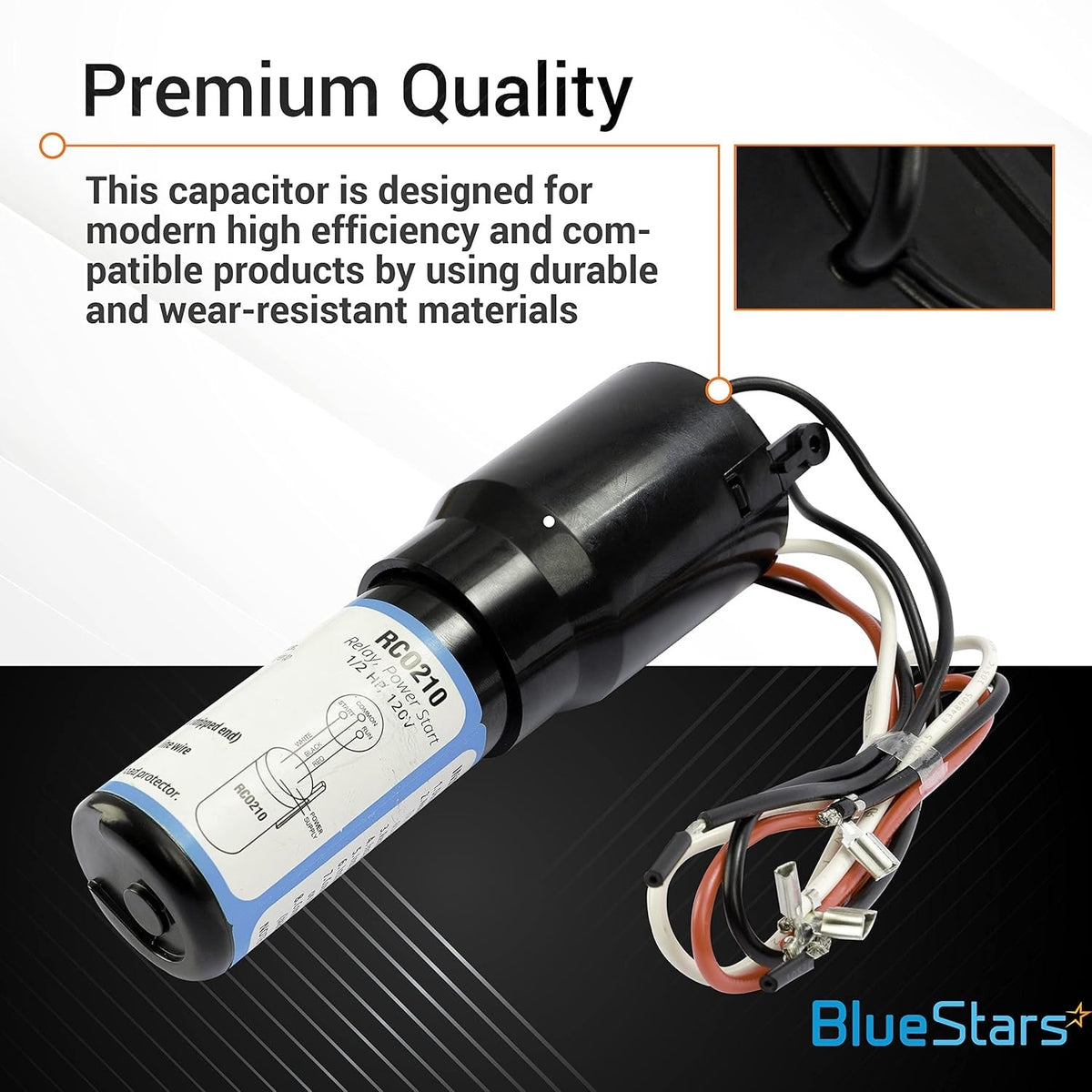 RCO210 3-in-1 hard start capacitor with wiring diagram label and attached wire leads for 1/3-1/2 HP 115VAC compressors.