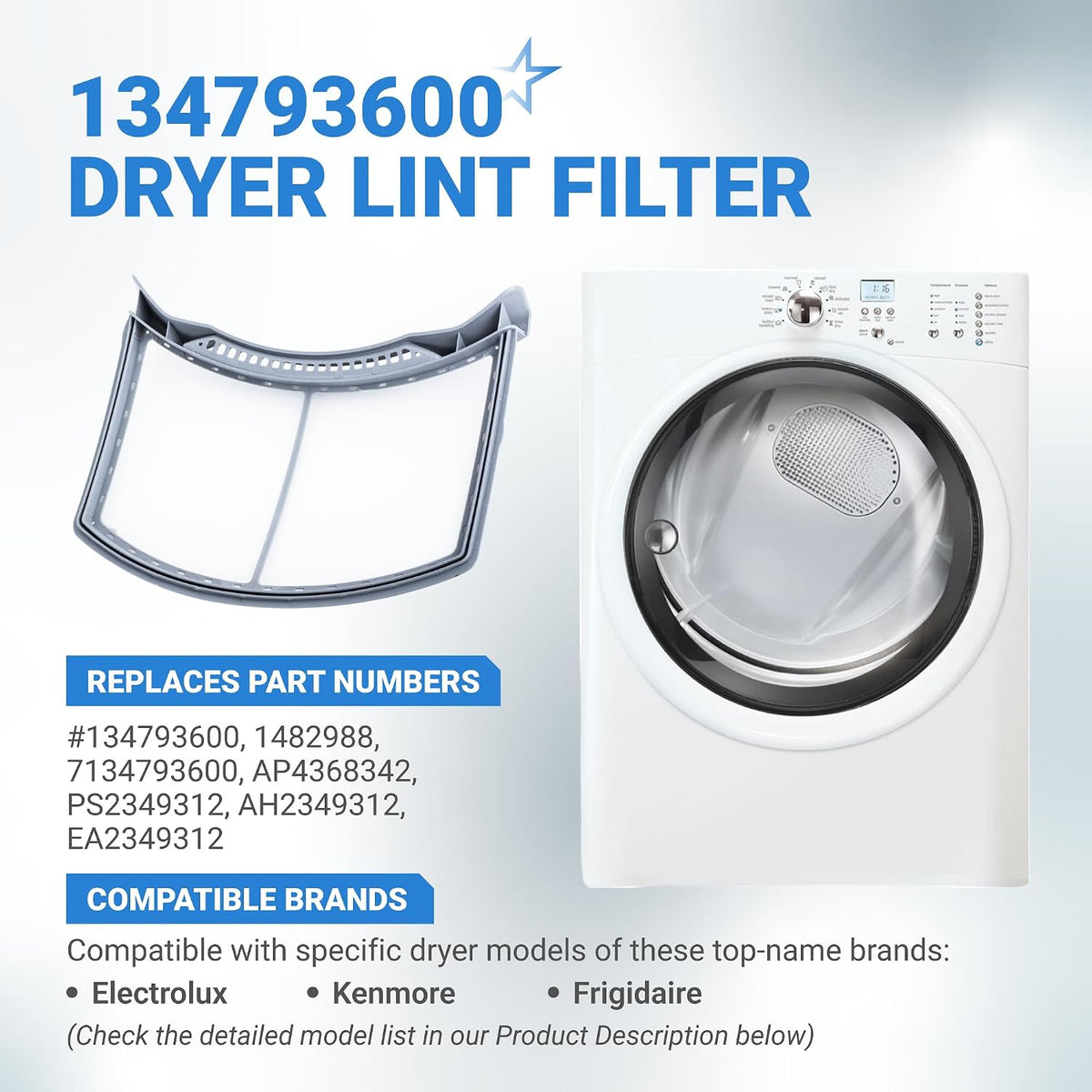 134793600 Dryer lint filter replacement, shown beside a front-loading dryer with compatibility and part number text