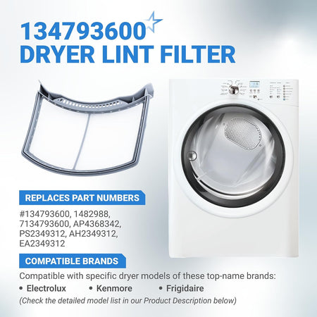 134793600 Dryer lint filter replacement, shown beside a front-loading dryer with compatibility and part number text
