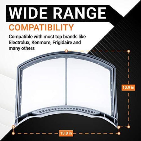 134793600 dryer lint filter showing dimensions of 13.8 inches by 10.9 inches and wide brand compatibility.