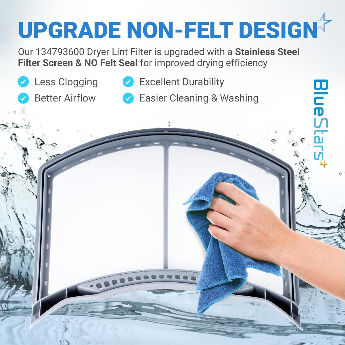 134793600 Dryer Lint Filter Replacement showing a non-felt filter with stainless steel screen being wiped clean