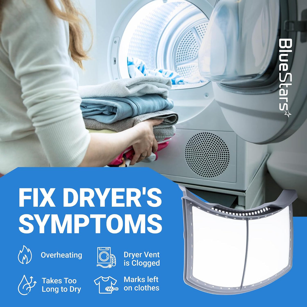 134793600 Dryer Lint Filter Replacement, graphic showing dryer symptoms and filter illustration