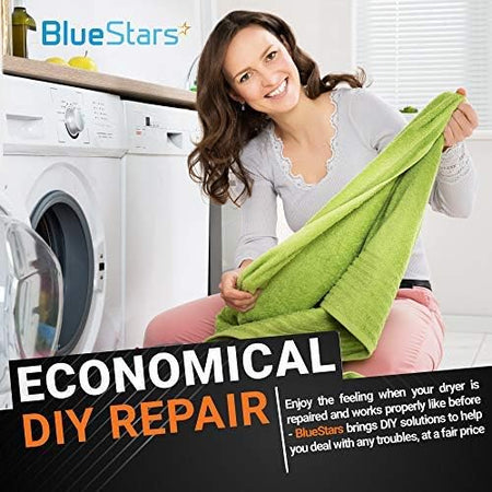 Woman holding a green towel in front of an Electrolux dryer for 134793600 dryer lint filter DIY repair.