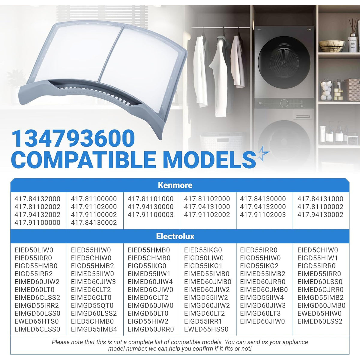 134793600 Dryer lint filter replacement with Kenmore and Electrolux compatible models chart
