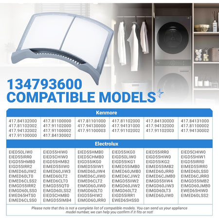 134793600 Dryer lint filter replacement with Kenmore and Electrolux compatible models chart
