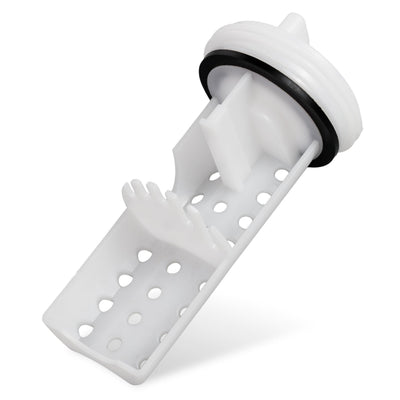 White plastic drain pump filter for GE washing machines with black rubber seal.