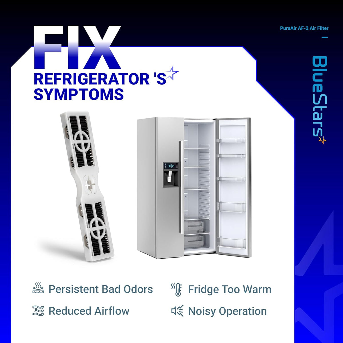 PureAir AF-2 refrigerator air filter shown with a compatible refrigerator to illustrate common cooling system issues.