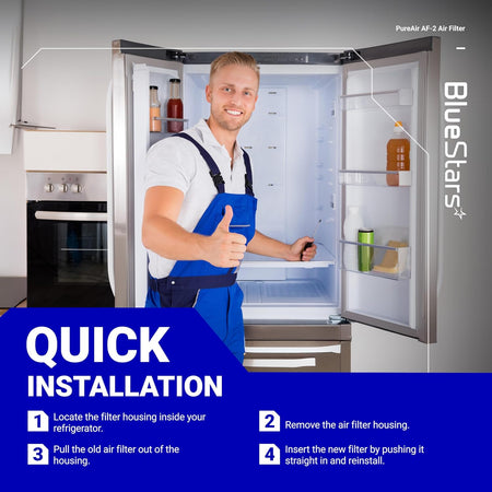 Technician demonstrating quick installation steps for the PureAir AF-2 refrigerator air filter.