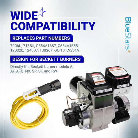 7006U 7135U Cad Cell Flame Sensor compatibility graphic showing sensor beside a Beckett burner and replacement part numbers
