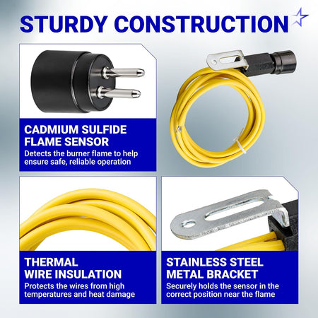 7006U 7135U Cad Cell Flame Sensor, product collage with sensor, yellow insulated wires, and stainless steel bracket