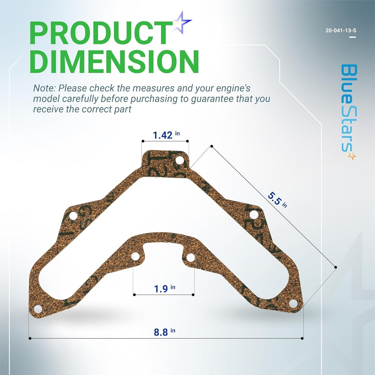 Dimension diagram of 20-041-13-S valve cover gasket for Kohler Courage engines showing width and height measurements.