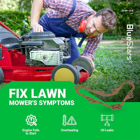 Two 20-041-13-S valve cover gaskets for Kohler Courage engines shown in a lawn mower repair infographic.