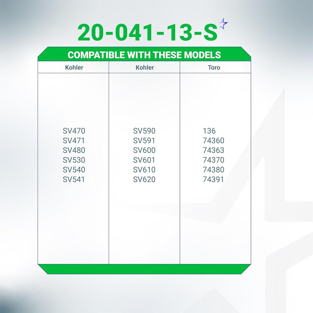Compatibility chart for 20-041-13-S valve cover gasket listing Kohler and Toro engine model numbers.