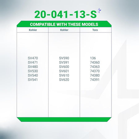 Compatibility chart for 20-041-13-S valve cover gasket listing Kohler and Toro engine model numbers.