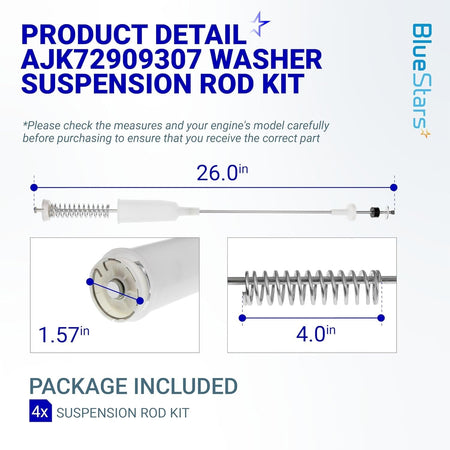 AJK72909307 washer suspension rod kit showing 26-inch total length, 1.57-inch diameter, and 4-inch spring detail.