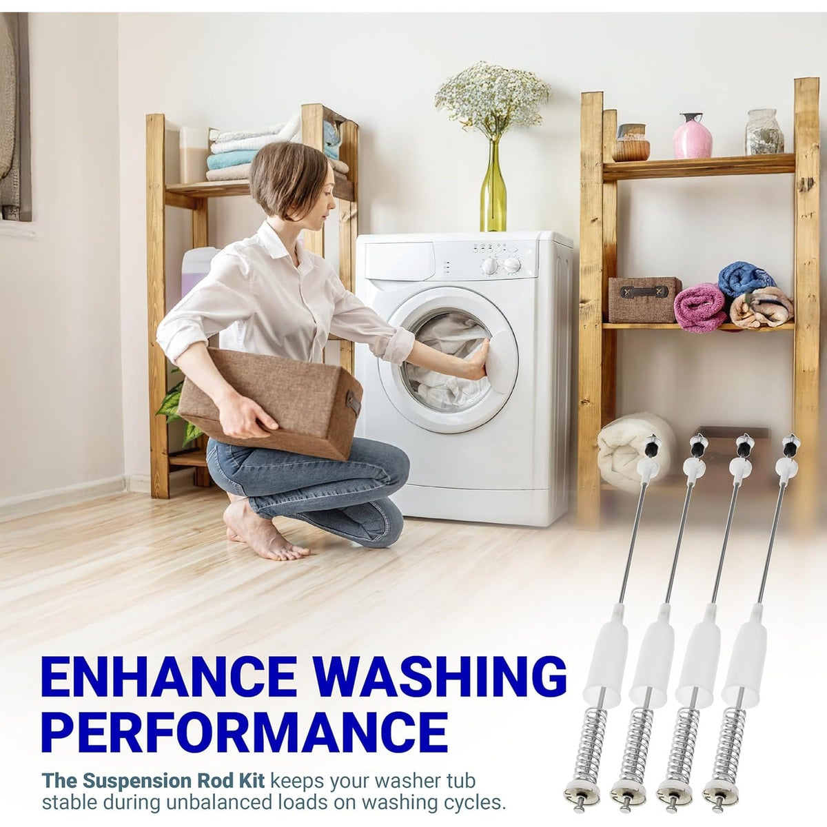 AJK72909307 washer suspension rod kit of four, shown in a lifestyle image with a washing machine.