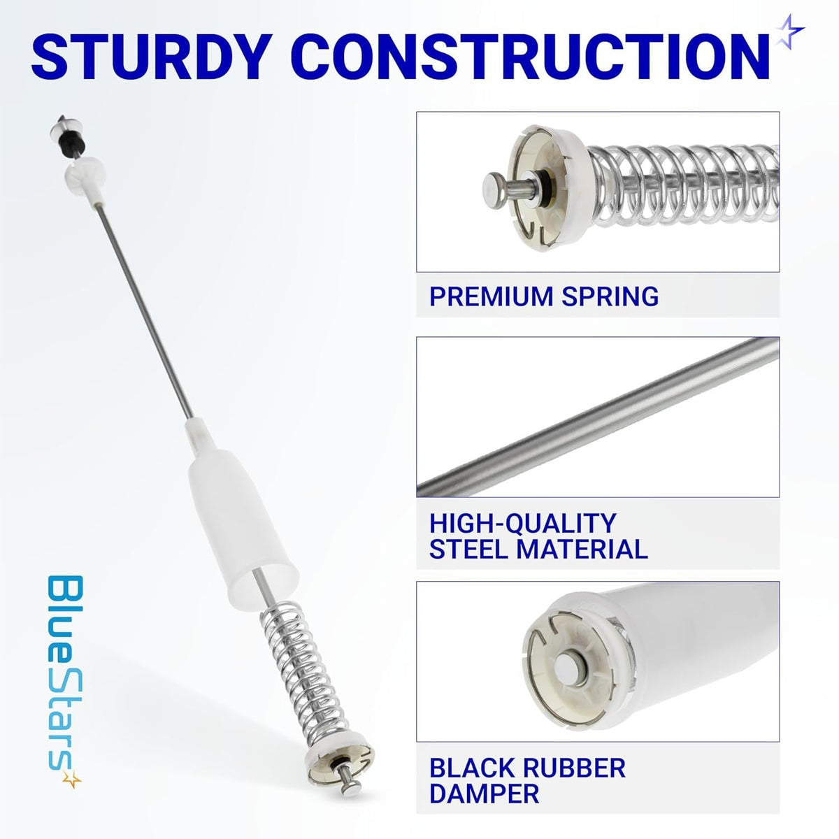 AJK72909307 washer suspension rod showing construction details of the spring, steel rod, and rubber damper.