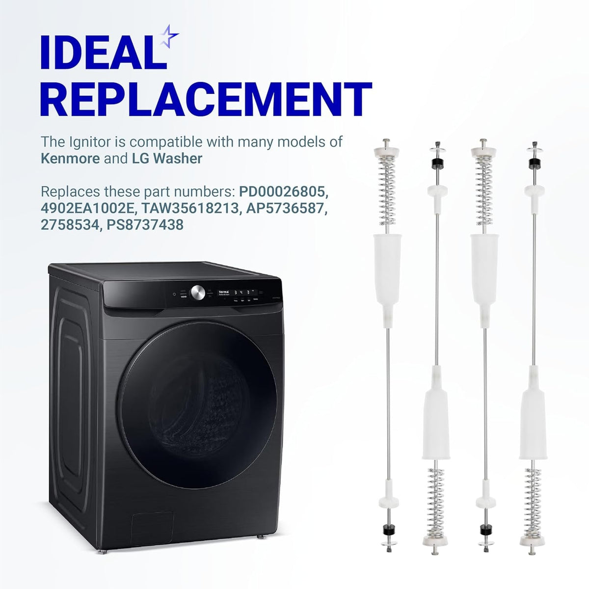 AJK72909307 washer suspension rod kit with four replacement rods and a compatible front-load washing machine.
