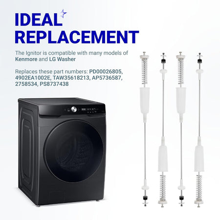 AJK72909307 washer suspension rod kit with four replacement rods and a compatible front-load washing machine.