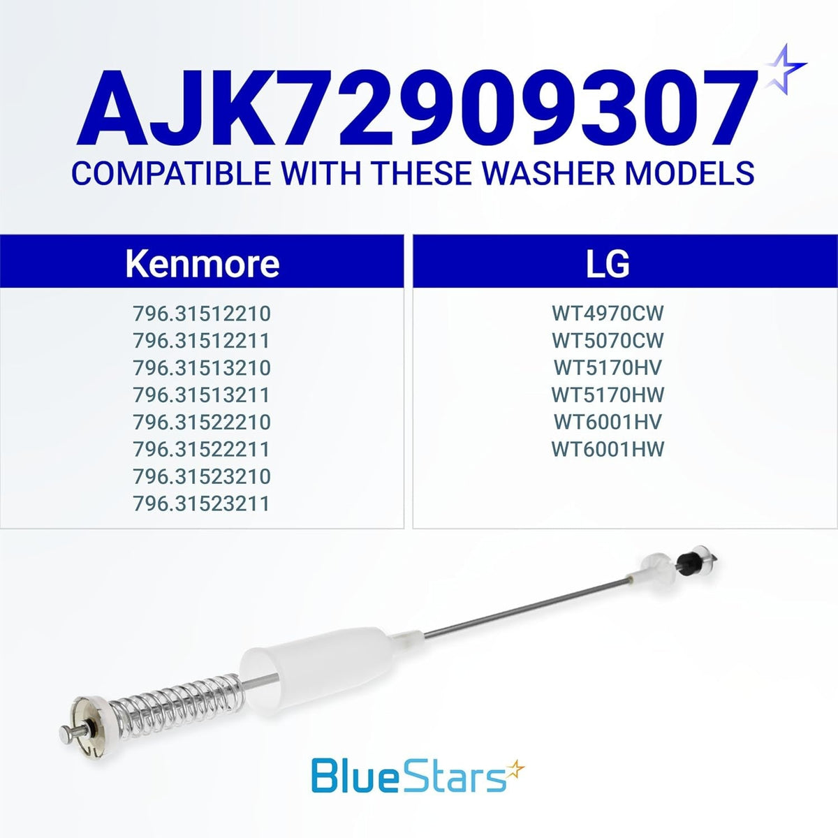 AJK72909307 washer suspension rod with compatibility chart for Kenmore and LG washing machine models.