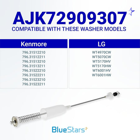 AJK72909307 washer suspension rod with compatibility chart for Kenmore and LG washing machine models.