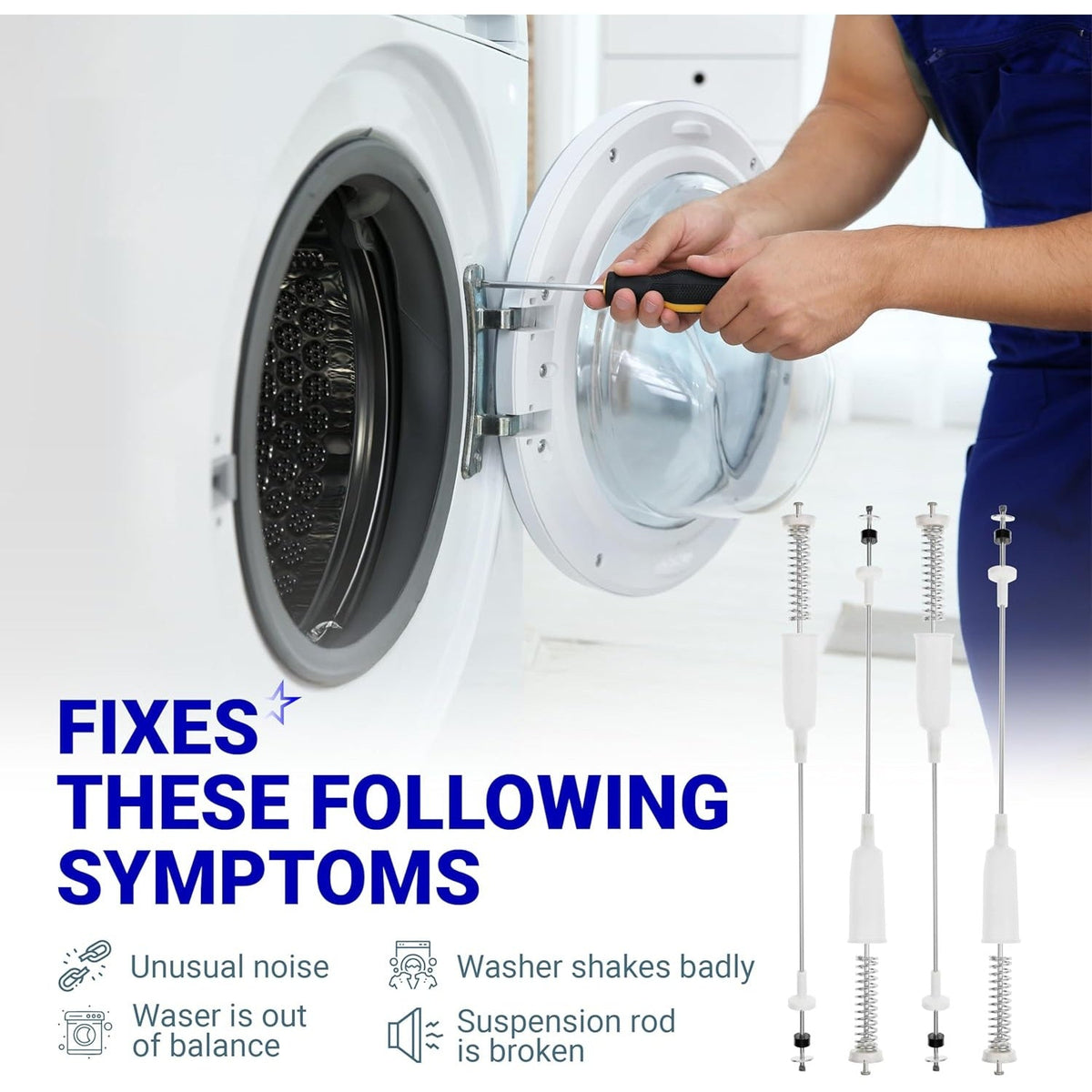 Technician repairing a washing machine with AJK72909307 suspension rod kit shown for fixing balance and noise issues.