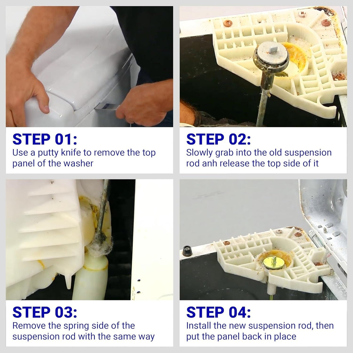 Four-step installation guide for AJK72909307 washer suspension rod kit showing panel removal and rod replacement.