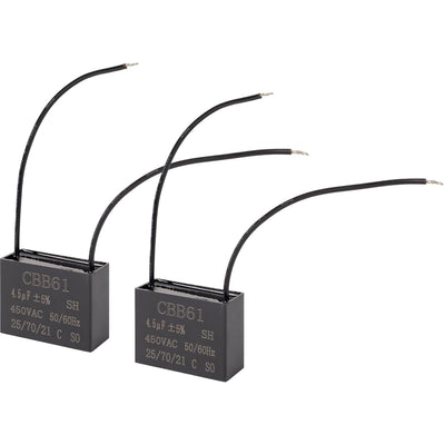 Two CBB61 4.5μF 450V 2-wire ceiling fan capacitors side by side.