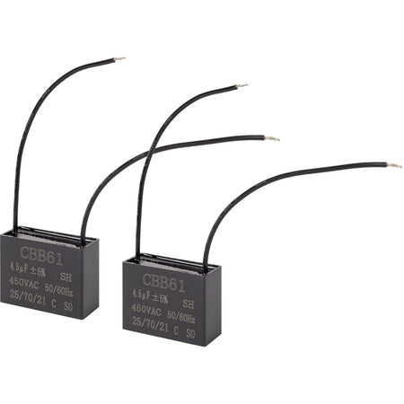 Two CBB61 4.5μF 450V 2-wire ceiling fan capacitors side by side.