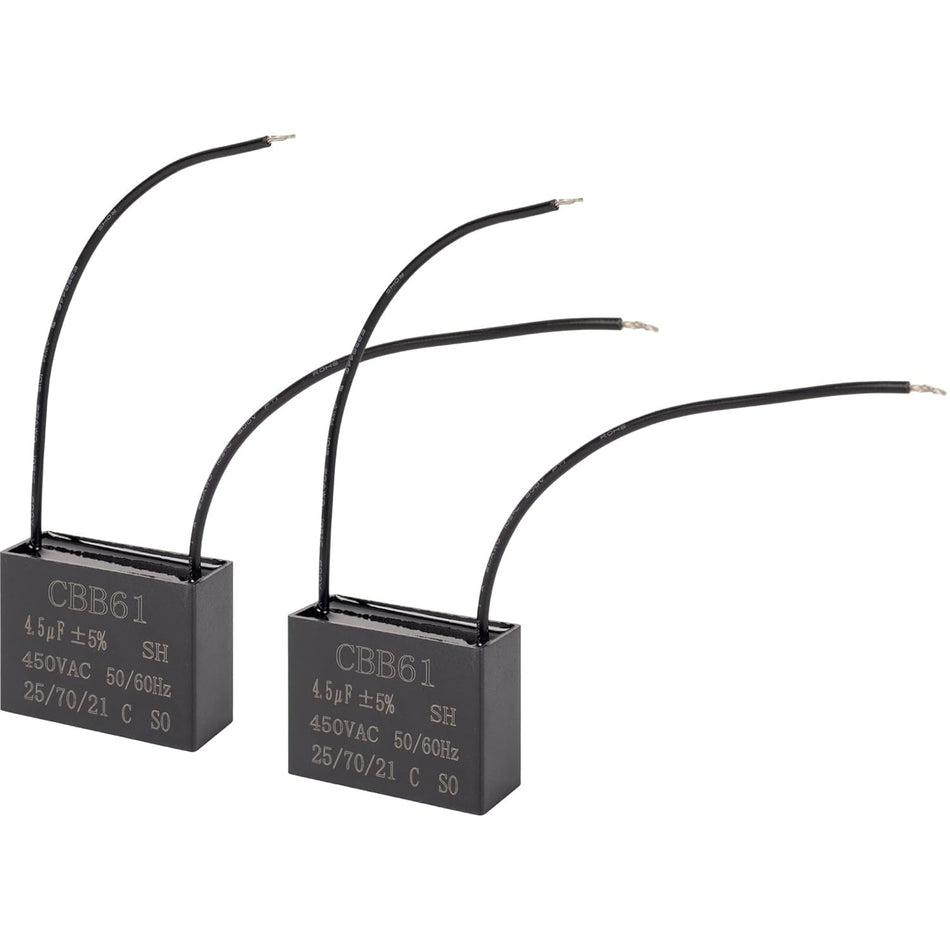 Two CBB61 4.5μF 450V 2-wire ceiling fan capacitors side by side.