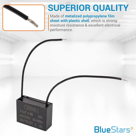 CBB61 4.5μF 450V 2-wire ceiling fan capacitor with black plastic shell and wire leads.