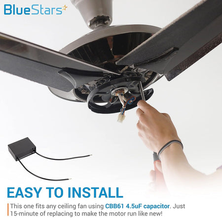 Hand installing a CBB61 4.5uF 450V 2-wire ceiling fan capacitor into a fan motor housing.