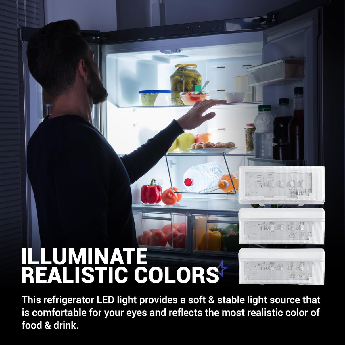 Man looking into a brightly lit refrigerator with W10515057 and W10515058 LED light modules displayed on the side.