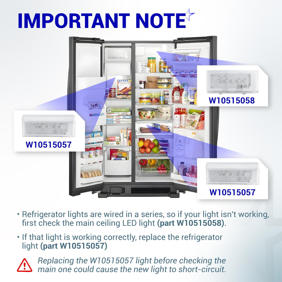 Diagram showing W10515057 and W10515058 refrigerator LED light placement and troubleshooting instructions.
