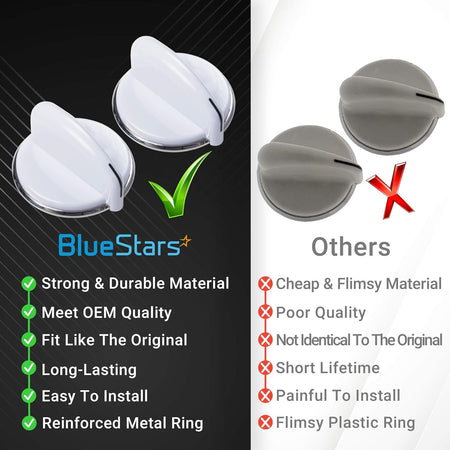 Comparison chart showing BlueStars WE01X20378 white control knobs with metal rings versus generic gray knobs.