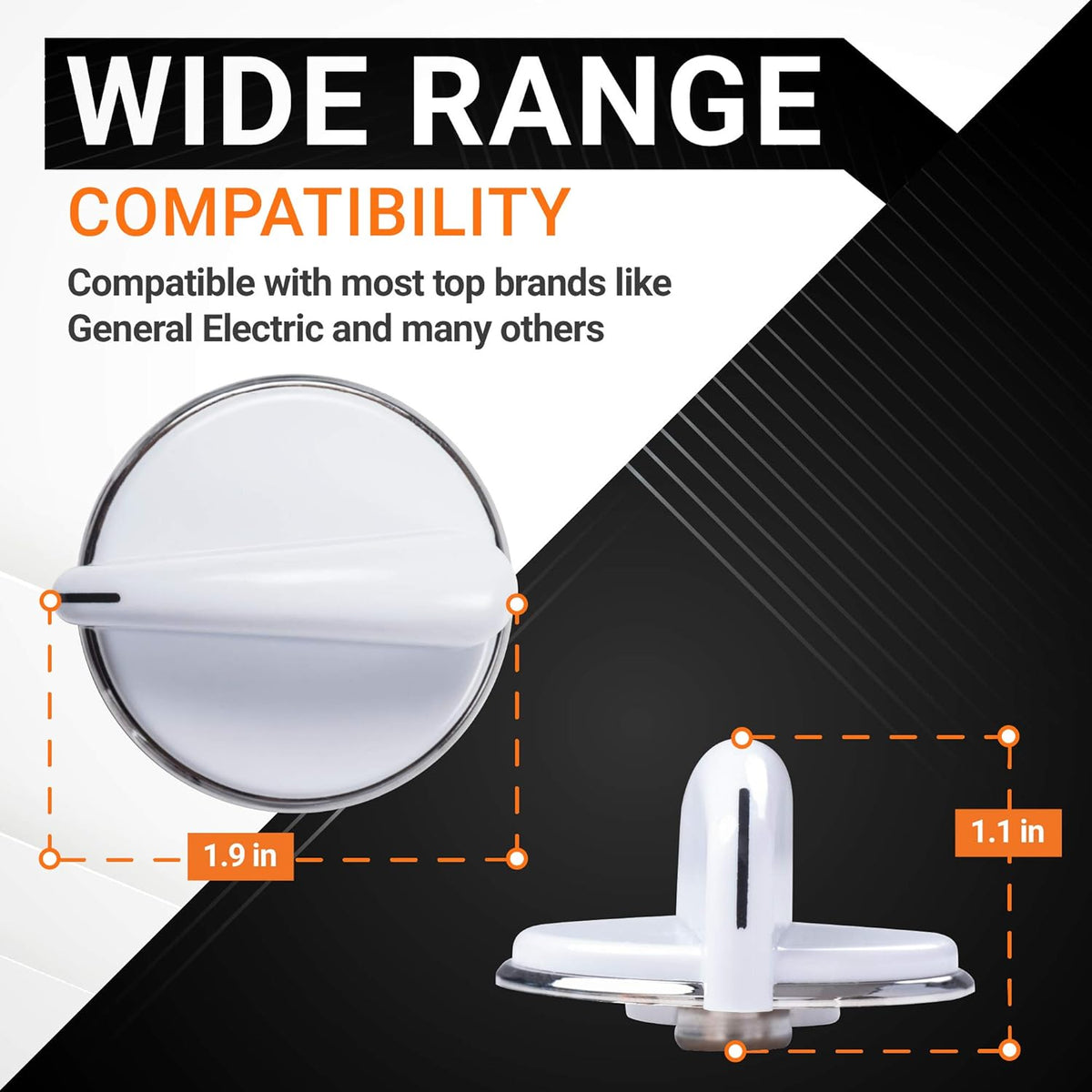 Dimensional diagram of WE01X20378 white control knob with metal ring for GE dryers and washers showing 1.9 inch diameter.